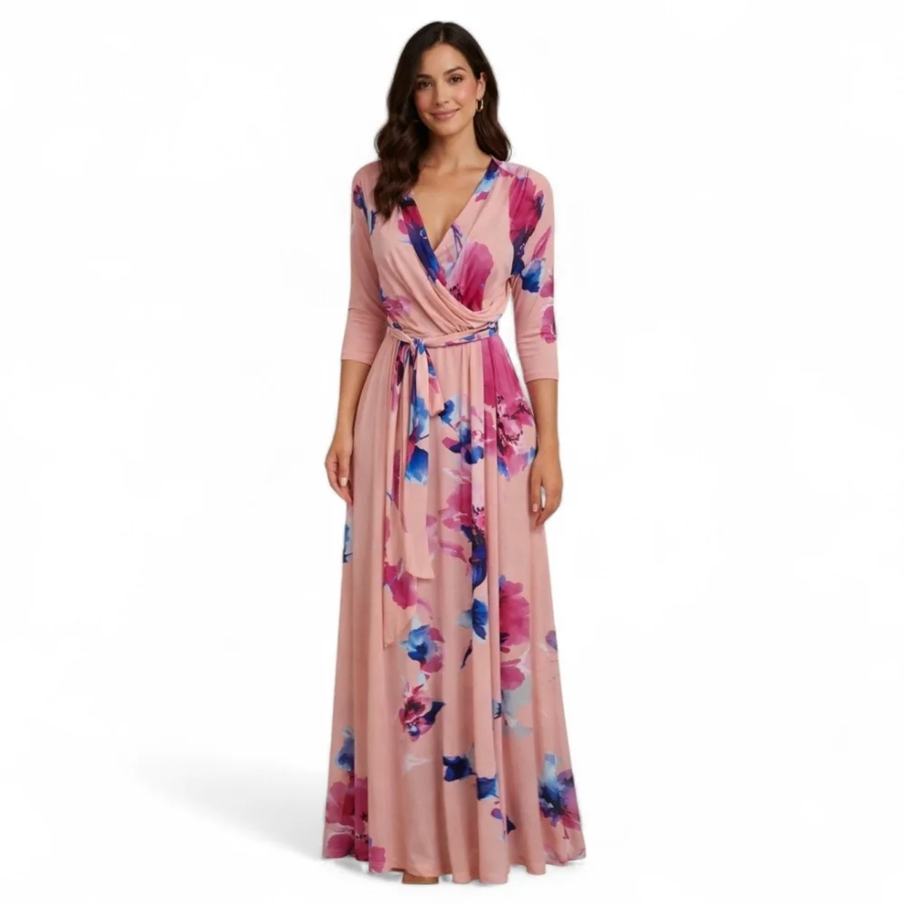Pink Blush Wrap Maxi Dress Pink Floral Long Wedding Guest Large - Picture 1 of 7